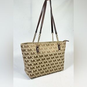 Michael Kors Signature Monogram Tan Brown Leather Shoulder Bag Tote Bag